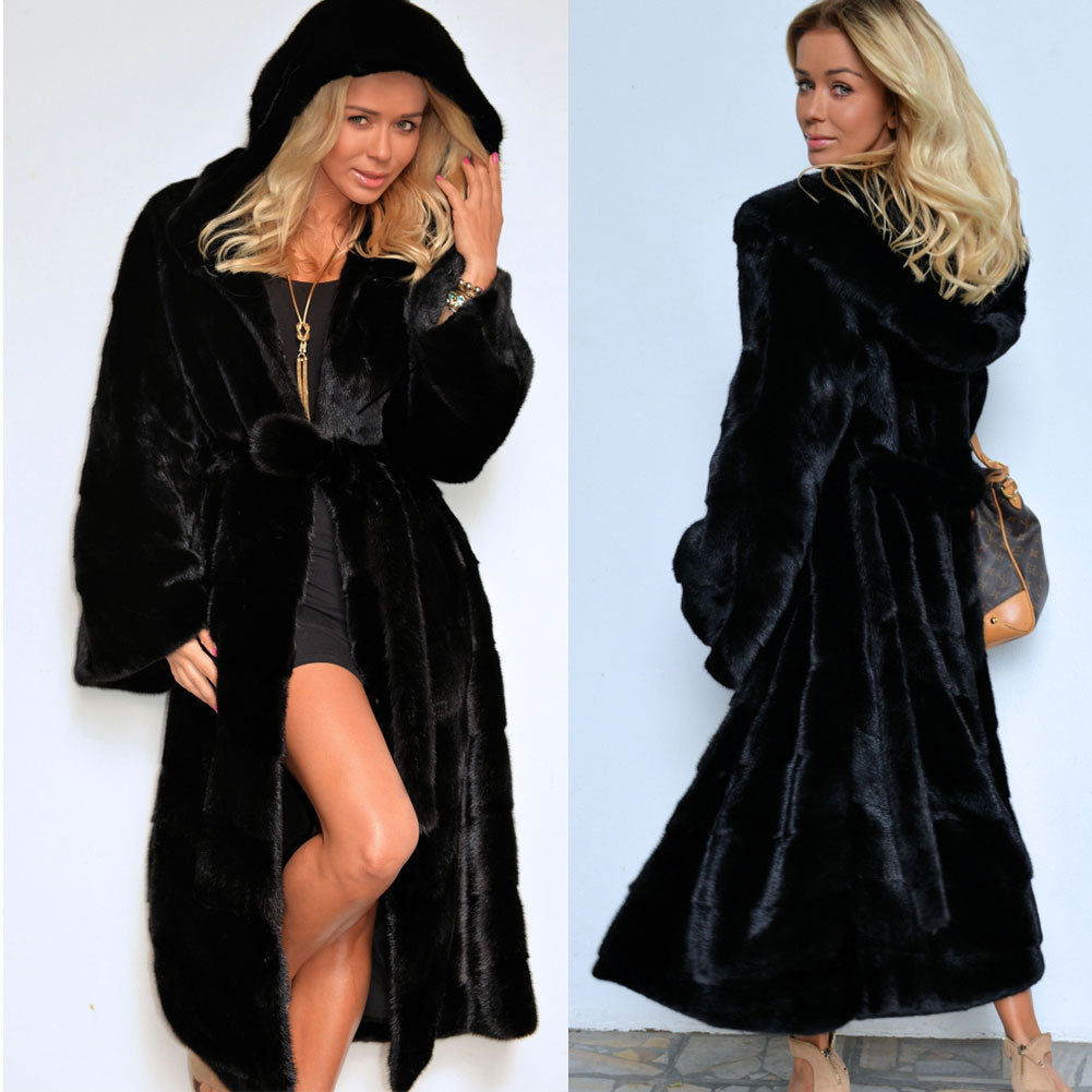 Women's Slim Fit Warm Fur Long Hooded Coats