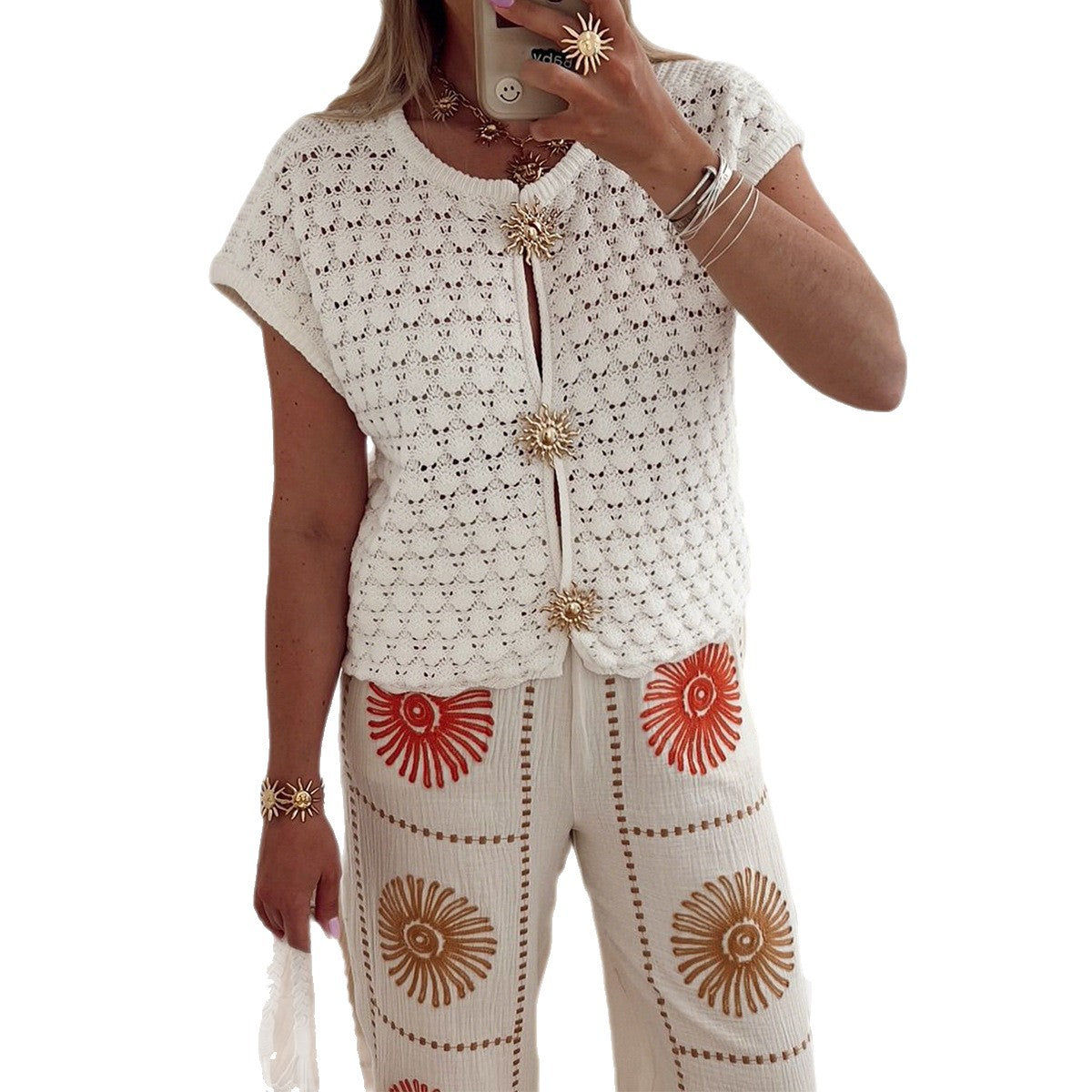 Women's Simple Vacation Sleeve Hollow T-shirt Woolen Blouses