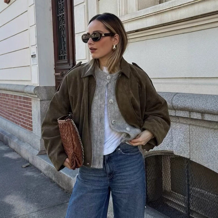 Women's Colors Leisure Suede Texture Lapel Bomber Jackets