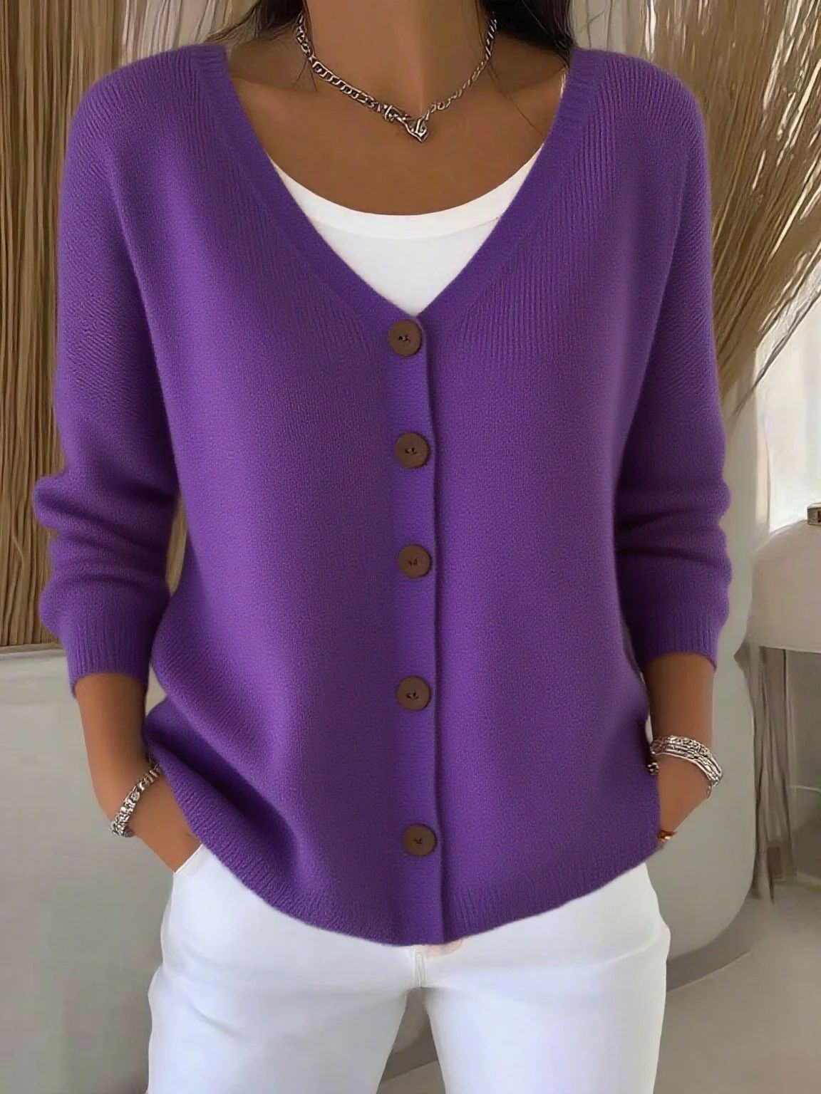 Women's Solid Color Knitted Button Loose Casual Sweaters