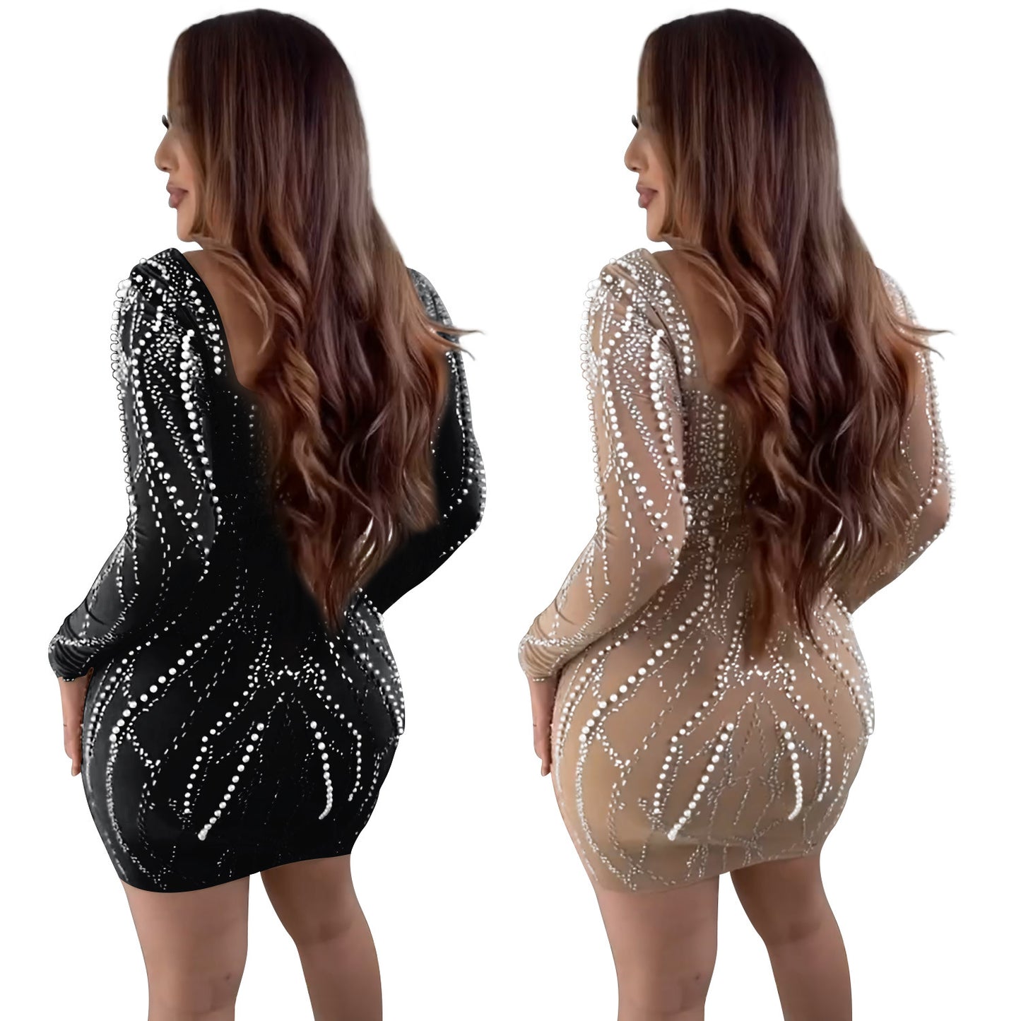 Women's Pure Color Mesh Rhinestone Long Sleeve Dresses