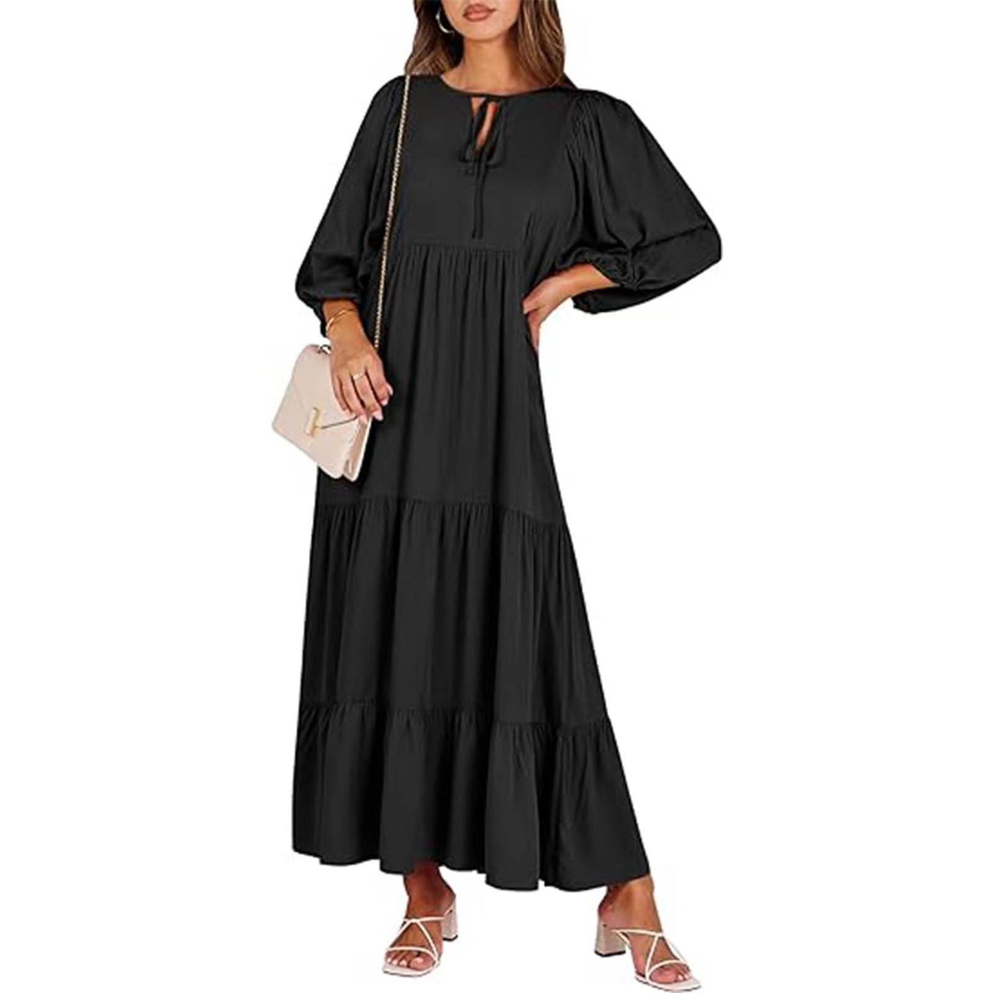 Women's Autumn Geometric Collage Puff Sleeve Dress Street Clothing