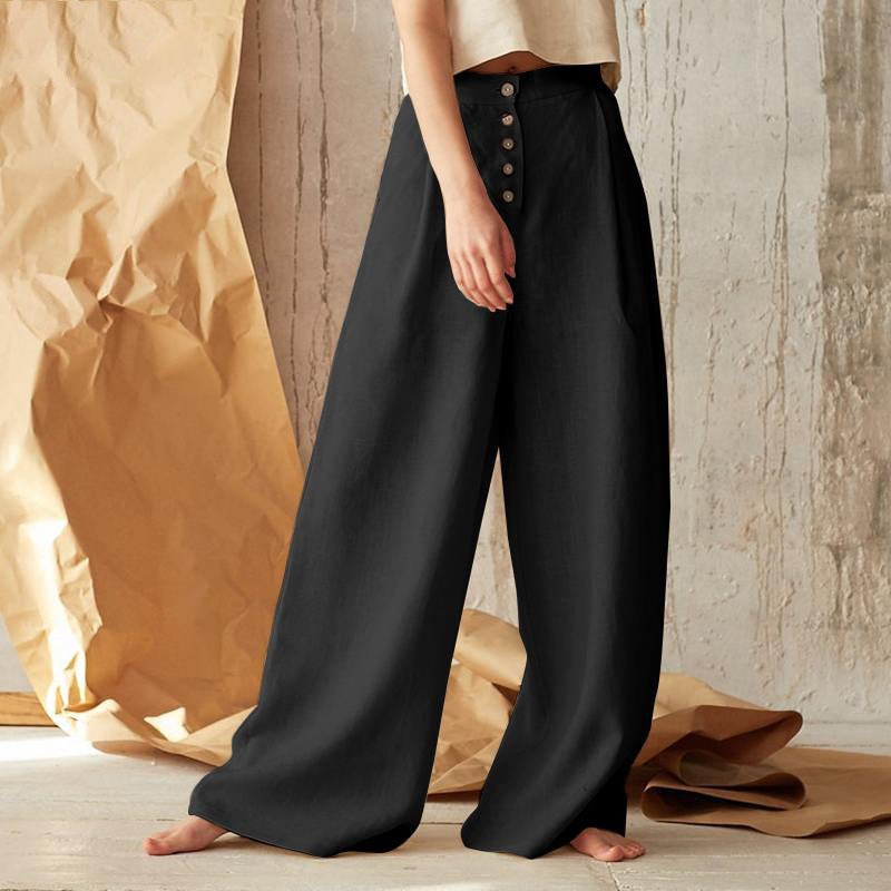 Women's High Waist Casual Button Cotton Linen Pants
