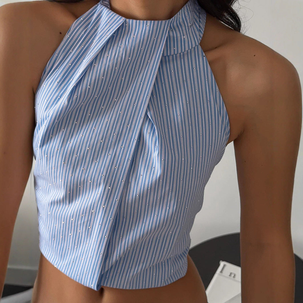 Women's Hot Style Jacquard Halter Backless Striped Spaghetti Straps Tops