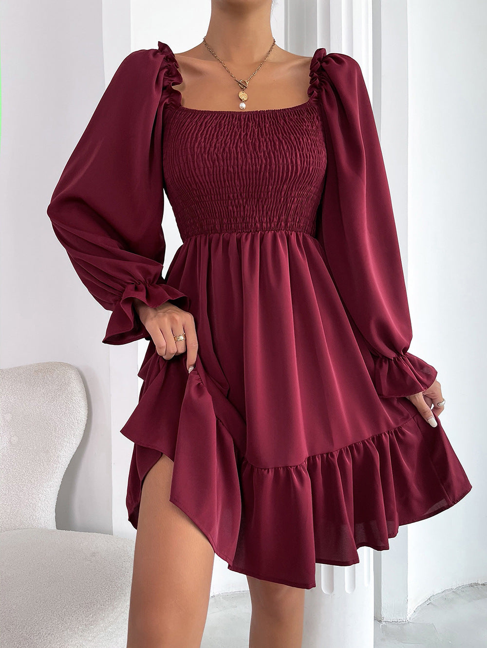 Women's Square Collar Long Sleeve Ruffled High Waist Tight Dresses