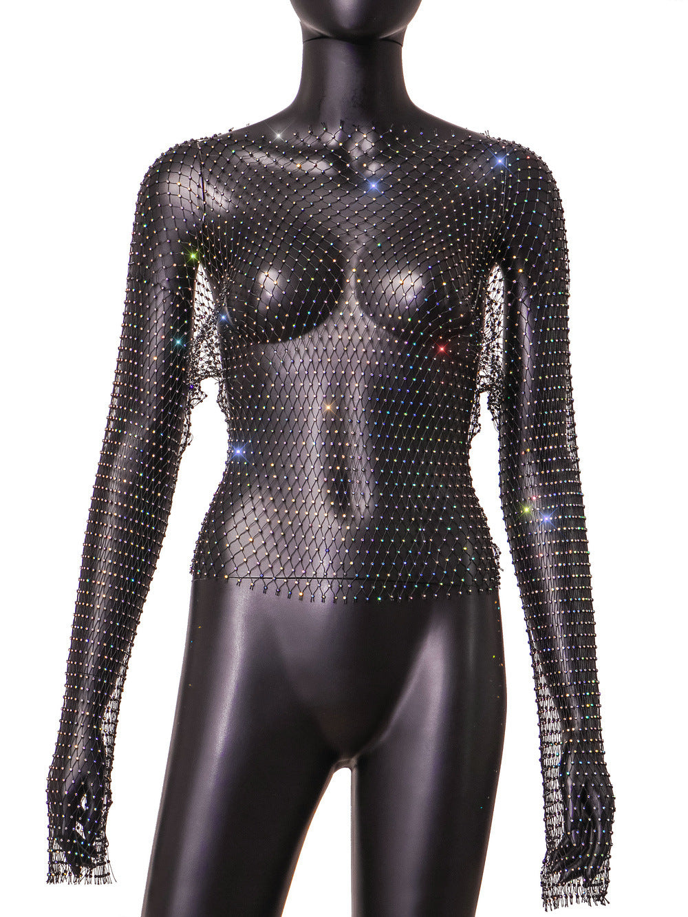 Women's Transparent Sexy Nightclub Grid Rhinestone Round Neck Blouses
