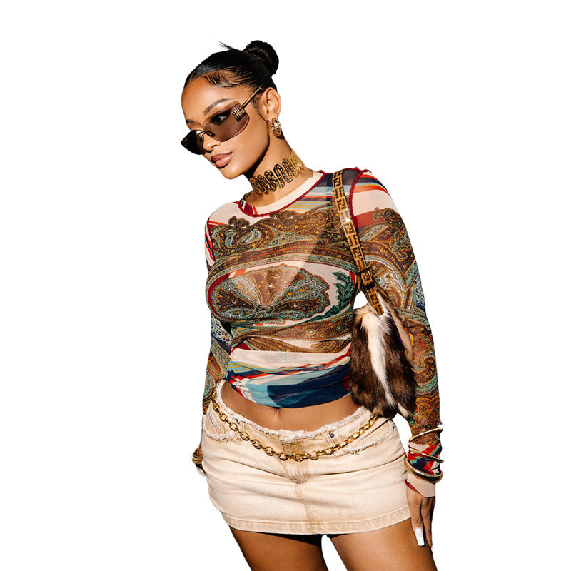 Women's Winter Personality Street Collar Long Sleeves Mesh Abstract Printing Blouses