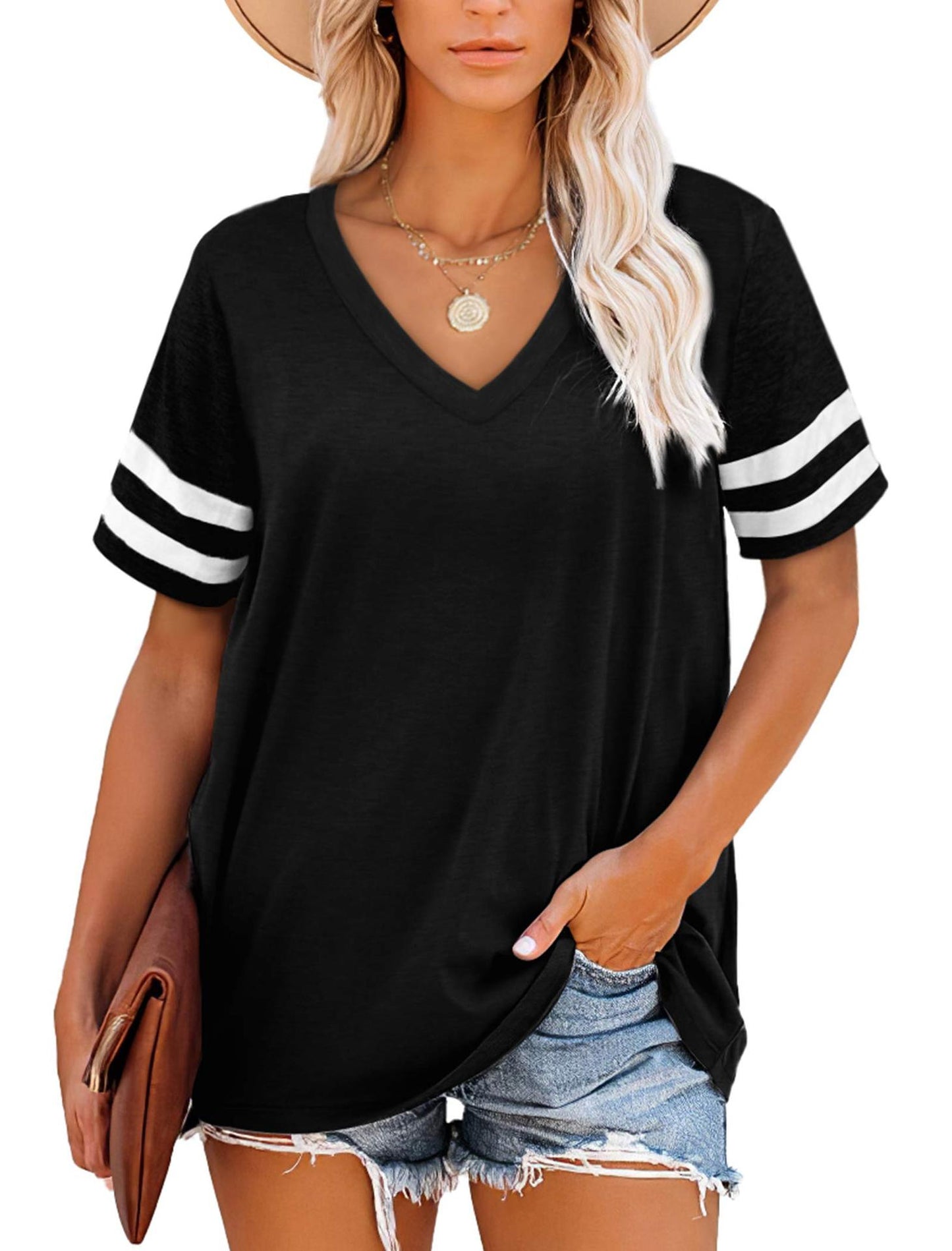 Women's Summer Loose T-shirt Striped Sleeve Blouses
