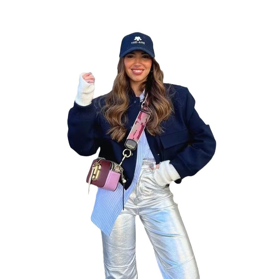 Women's Autumn Stand Collar Double Pocket Solid Jackets