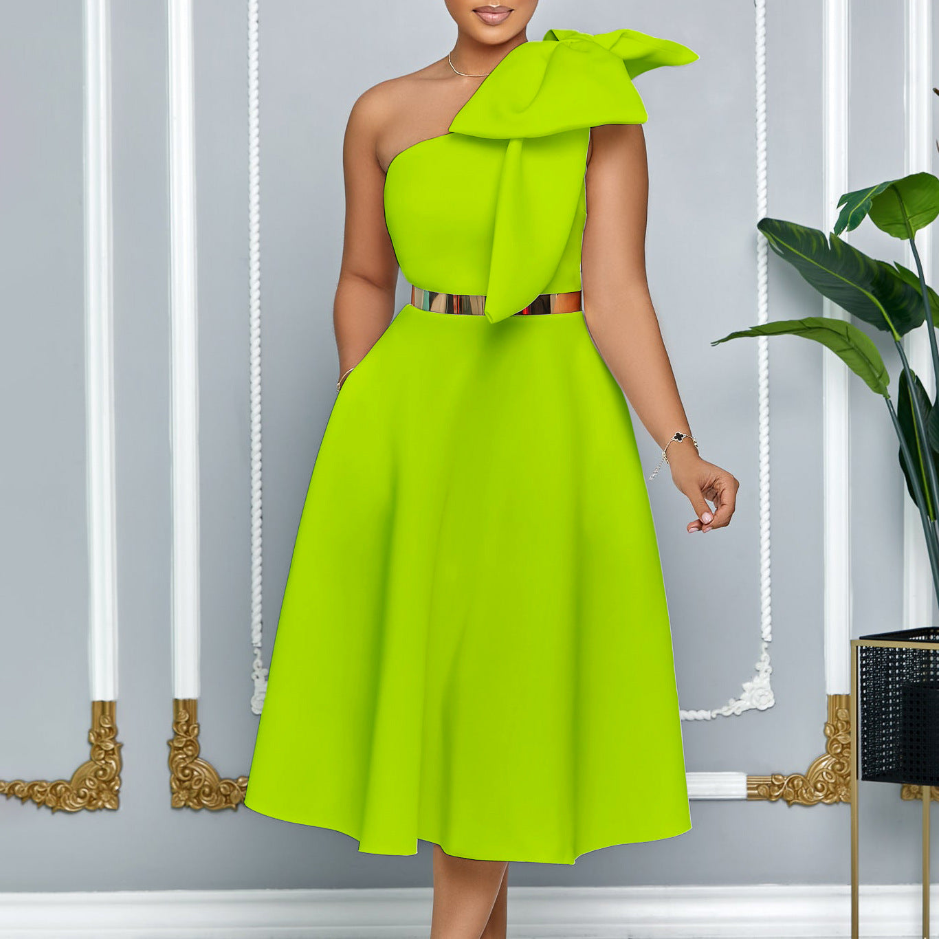 Women's Summer Fashion Oblique Shoulder Bow Banquet Dresses