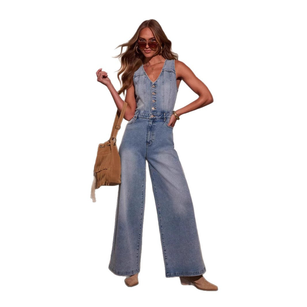 Women's American Summer Casual Sleeveless Cowboy Siamese Jumpsuits
