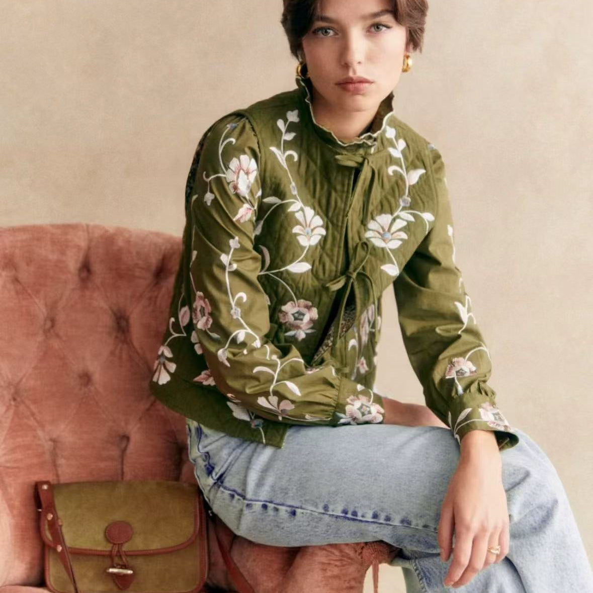 Embroidery Vintage Floral Embroidered Double Pocket Quilted Vests