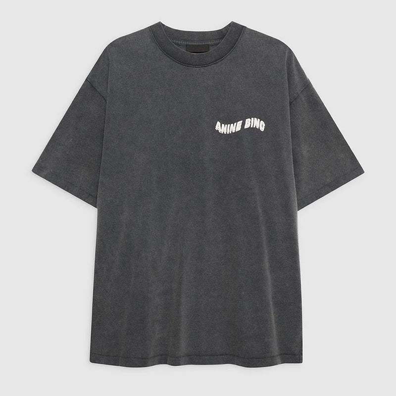 Women's Deformation Letter Printing Washed Fried Color Distressed Black Blouses