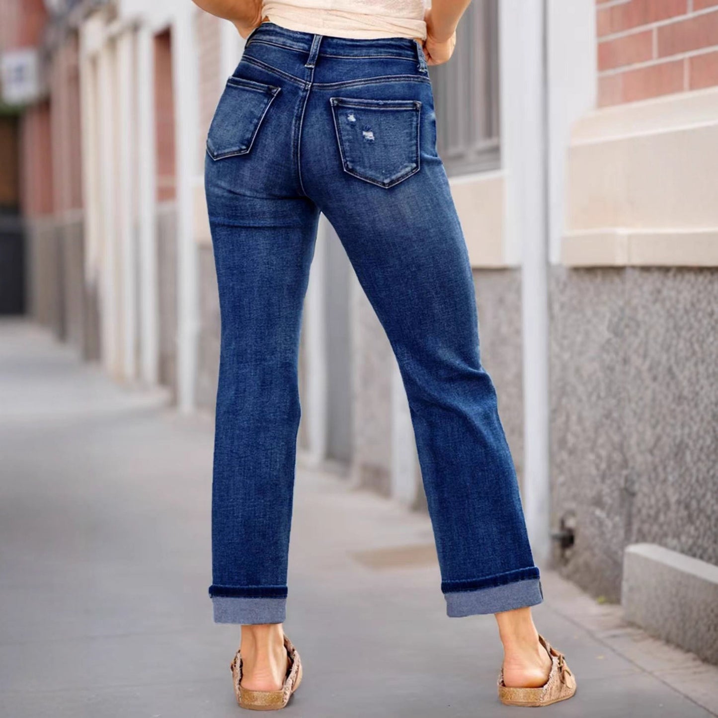 Women's Comfortable Ripped Elastic Straight Denim Trousers Jeans