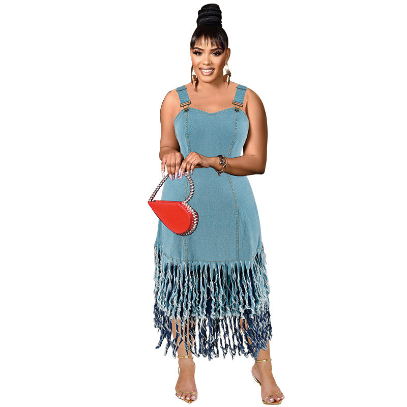 Women's Large Denim Sleeveless Strap Tassel Stitching Dresses