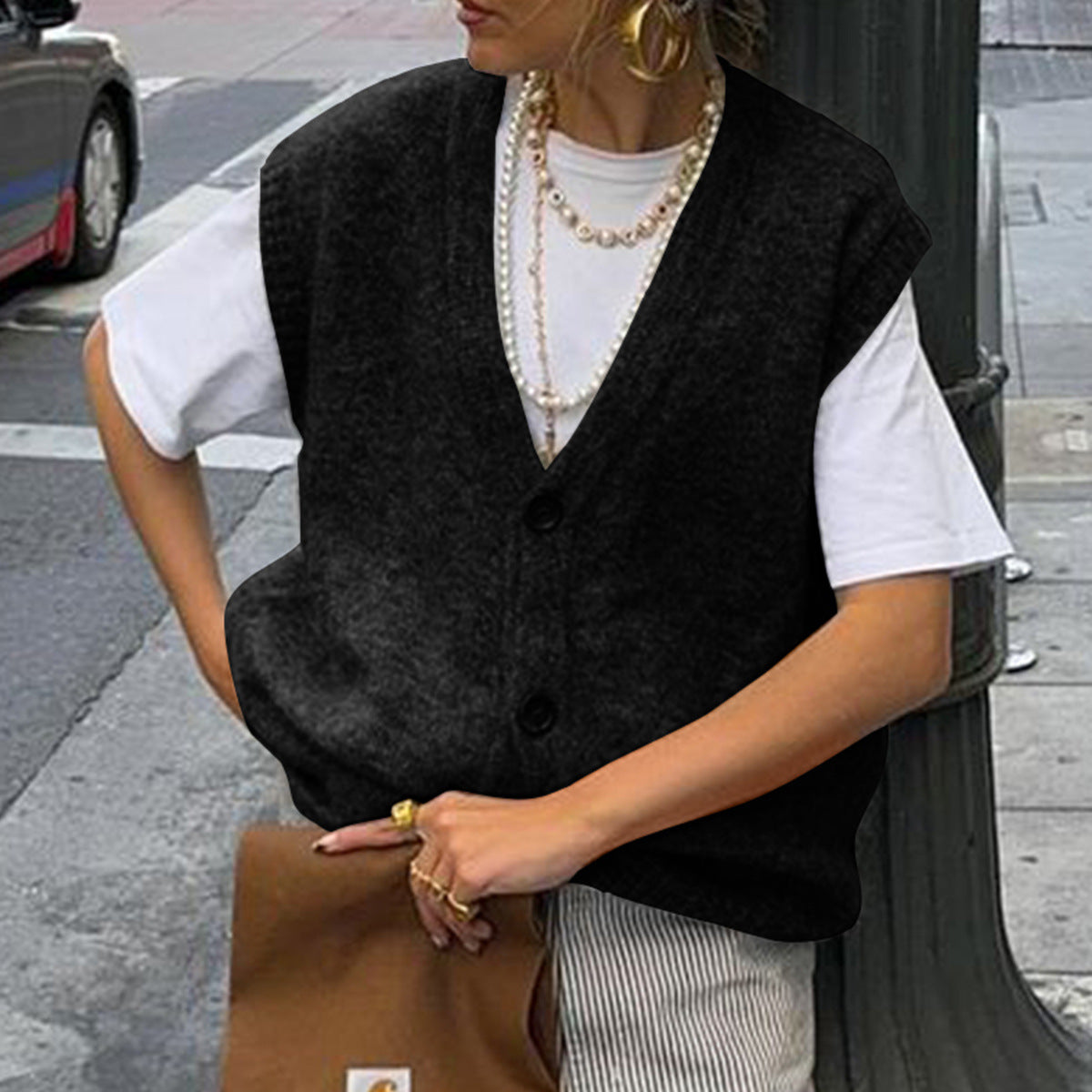 Women's Slouchy Casual Simple Buttons Woolen Tops