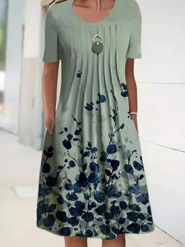 Women's Floral Print Round Neck Pullover Mid-length Dresses