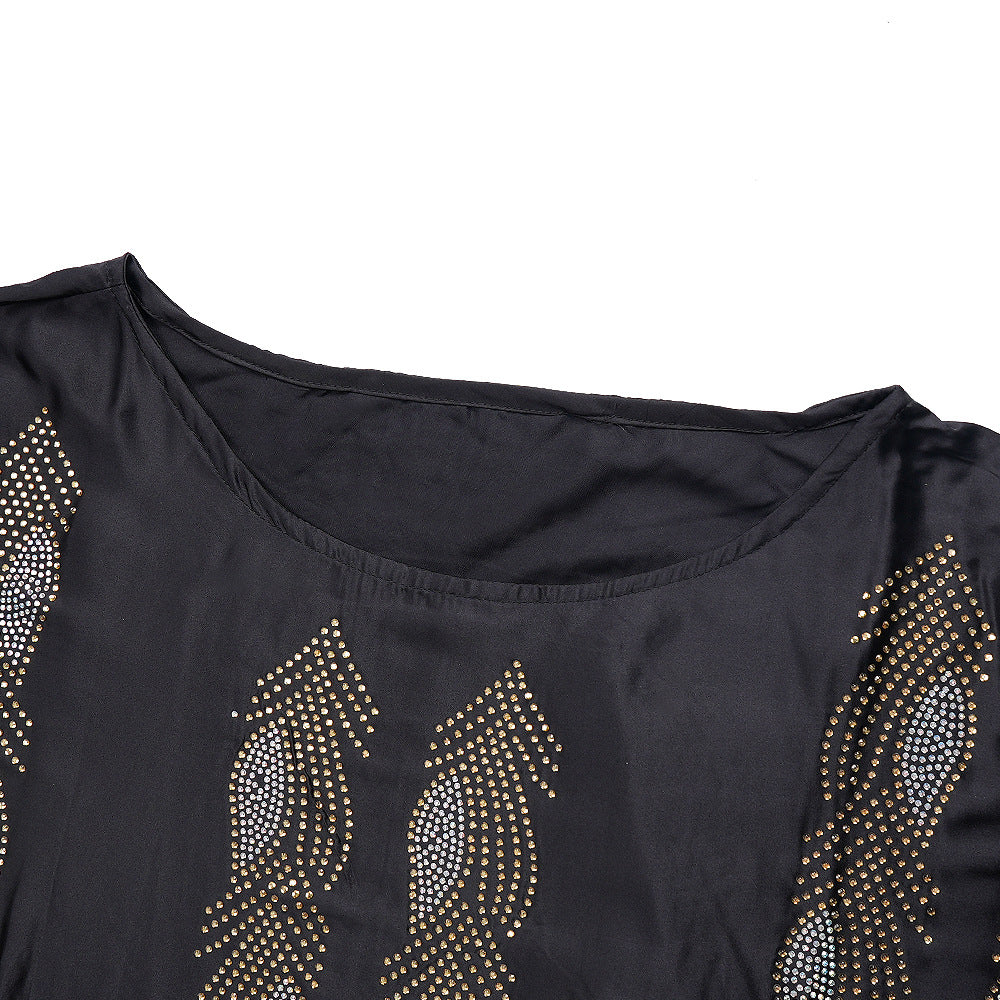 Women's African Wear Dress Rhinestone Silk Satin Batwing Sleeve Long Dresses