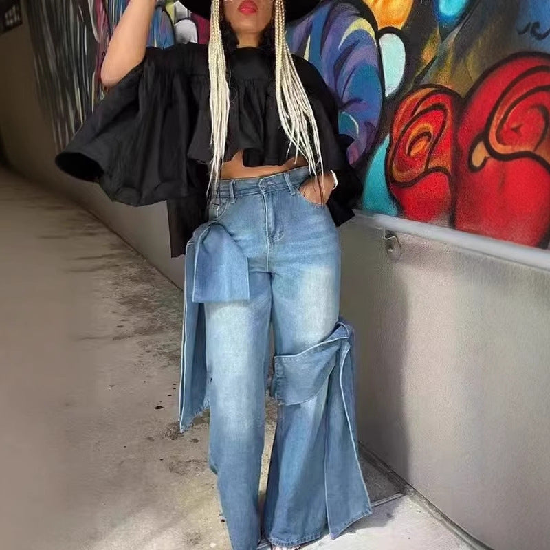 Women's Distressed Stitching Bow Design High Waist Jeans