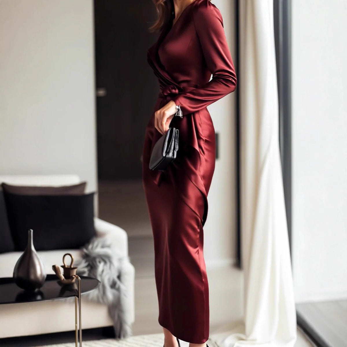 Women's Casual Dress Fashionable Satin Waist Dresses