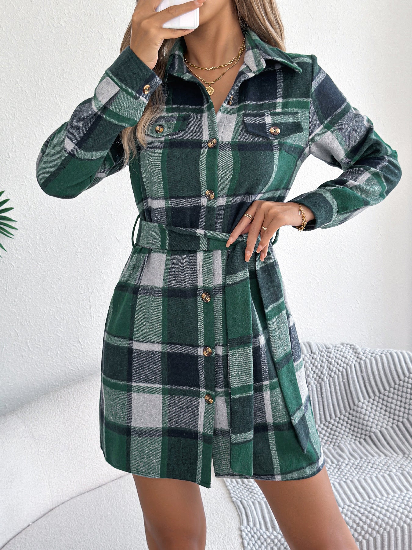 Women's Contrast Color Plaid Faux Pocket Long-sleeved Dresses