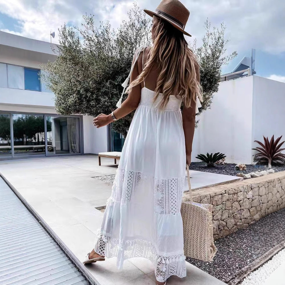 Women's Dress Casual Lace Stitching Sleeveless Long Dresses