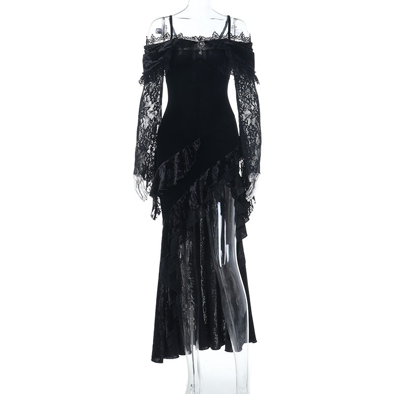 Women's Straps Lace Stitching Sexy Split Dark Goth Dresses