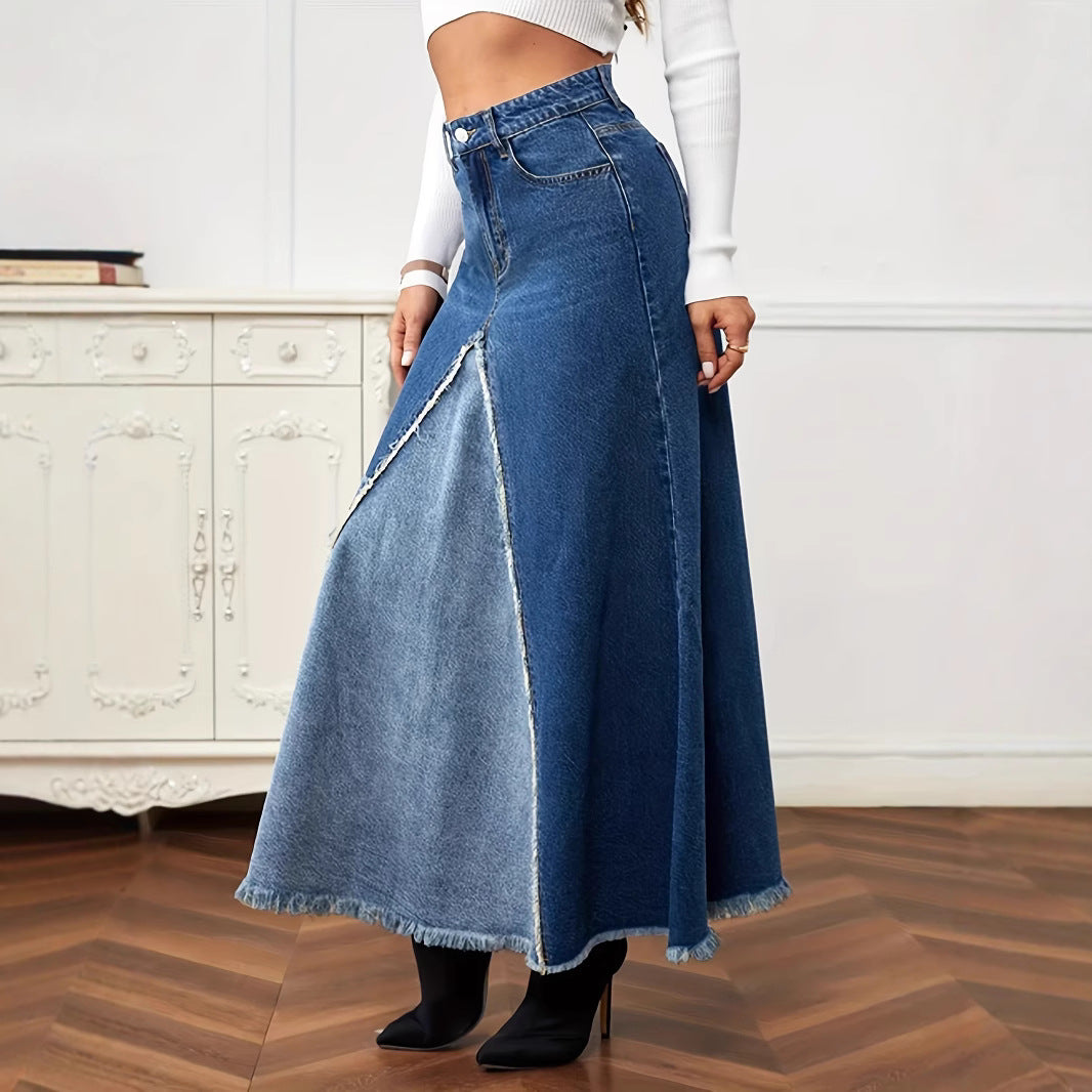 Women's Summer Patchwork Denim Frayed Long Skirts