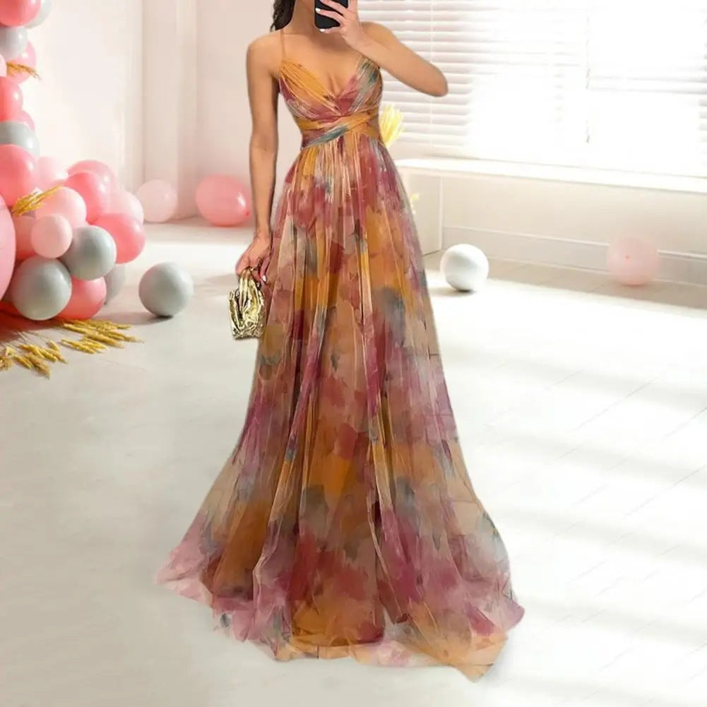 Mesh Printing Slip Dress Vacation Leisure Dresses
