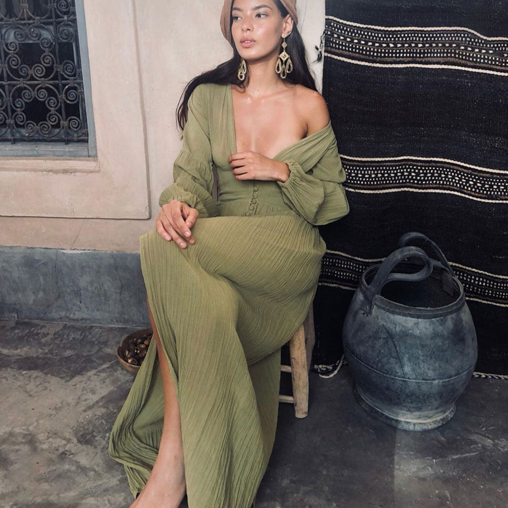 Women's Waist Pleated Loose Slit Temperament Long Dresses