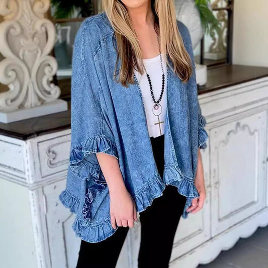 Women's Denim Fashion Ruffles Versatile Mid-length Sleeve Jackets