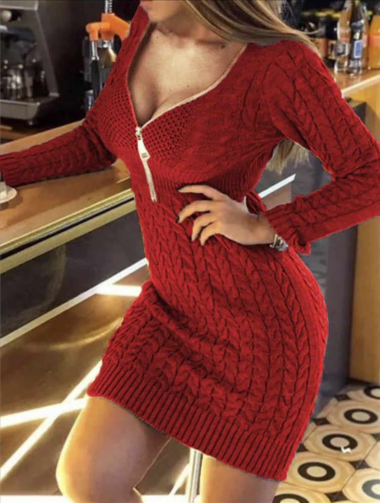 Slouchy Mid-length Half Zipper Slimming Dress Knitwear
