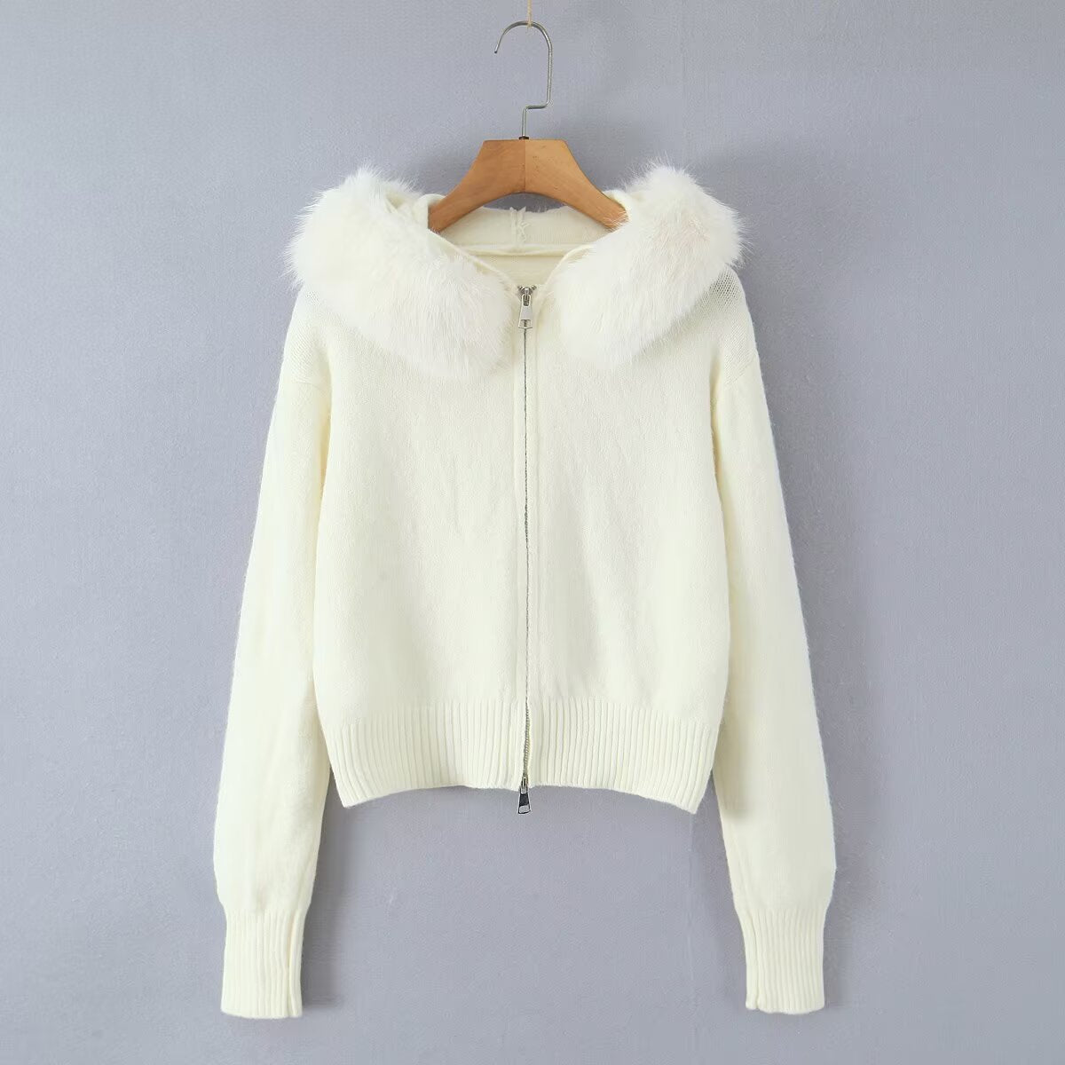 Women's Fake Fur Collar Hooded Long-sleeved Zipper Sweaters