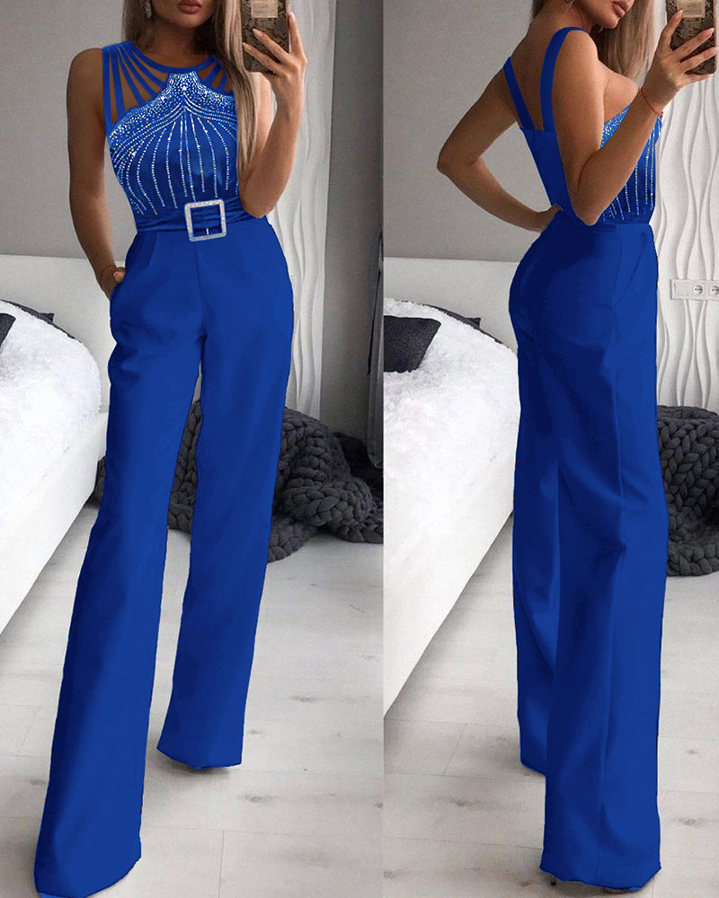 Black Rhinestone Sexy Sleeveless Fitted Waist Pants