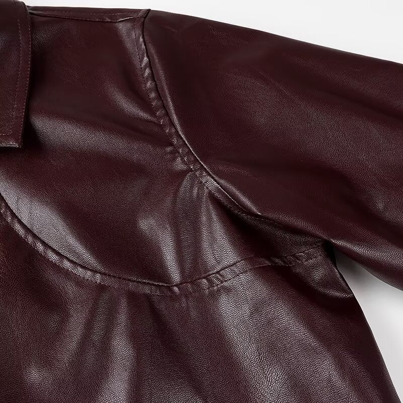 Women's Fashion Polo Collar Long Sleeve Leather Jackets