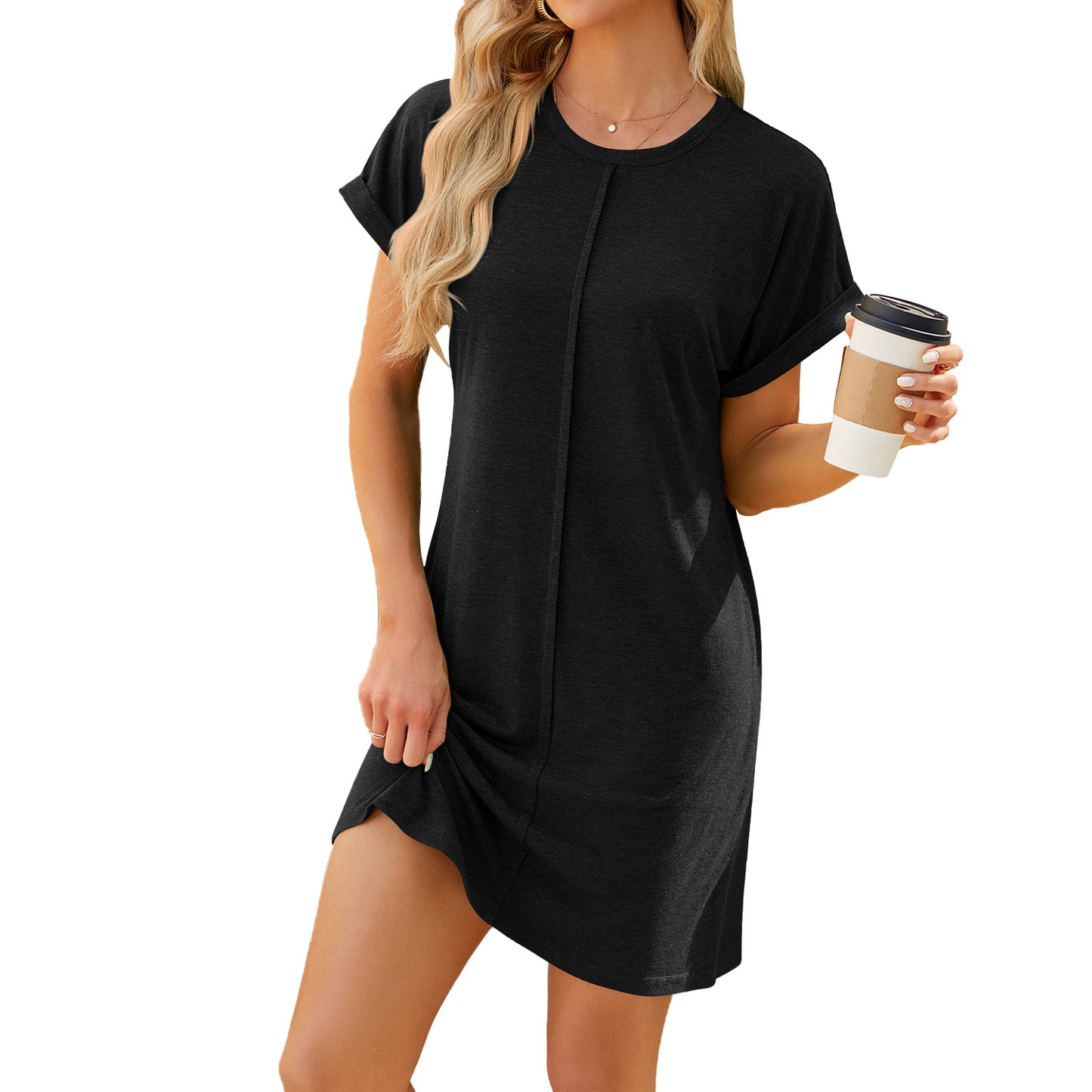 Women's Round Neck Solid Color Sleeve Loose Dresses