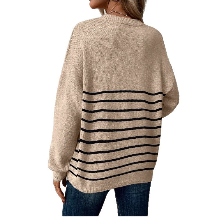 Women's Classic Versatile Loose Thick Quality Striped Round Sweaters