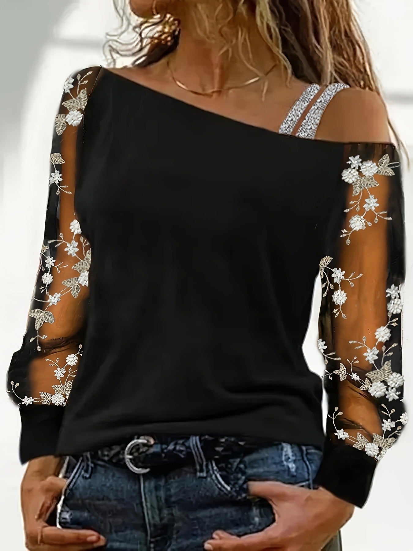 Diagonal Collar Gauzy Long Sleeve T-shirt Fashion Blouses
