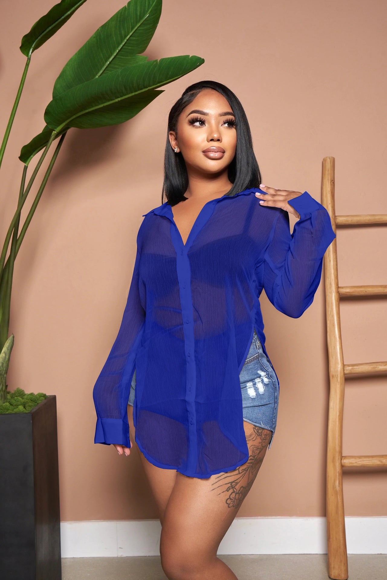 Women's Color Long Sleeve Lapel Loose Temperament Split Blouses