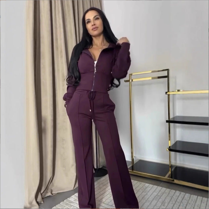 Zipper Tight-fitting Solid Color Two-piece Set Suits