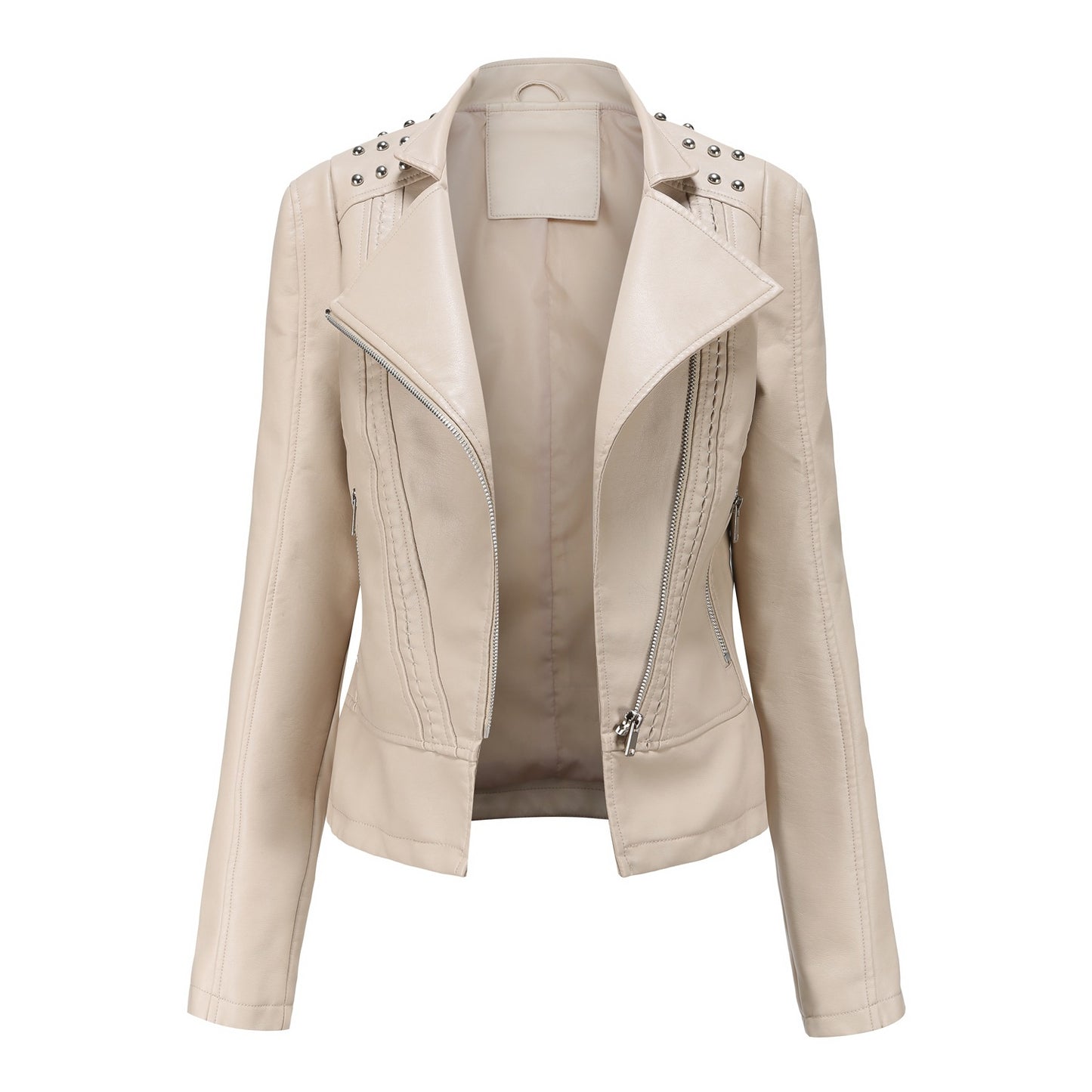 Women's European Beaded Leather Long-sleeved Fashion Lapel Jackets