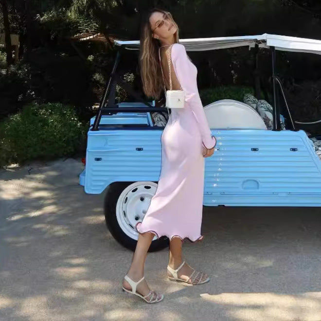 Women's Backless Flared Sleeve Ruffled Knitted Dress Sexy Dresses