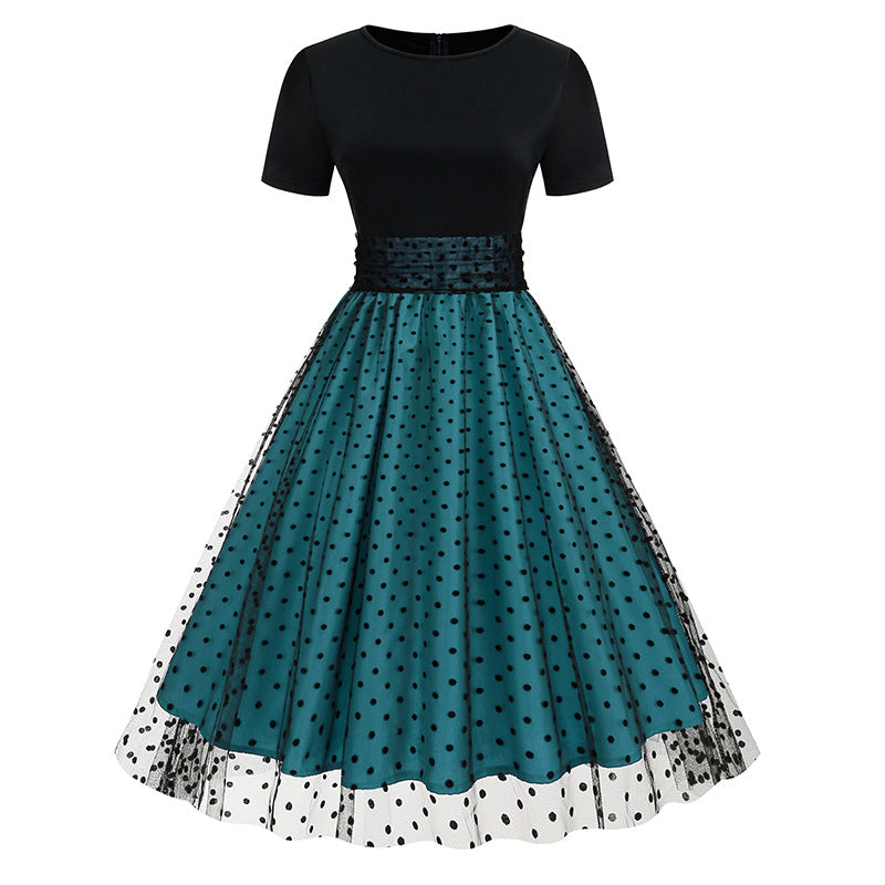 Polka Dot Stitching Retro Hepburn Dress Light Luxury Dresses