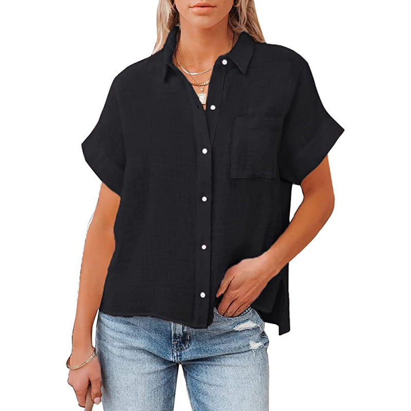 Women's Cotton Linen Short-sleeved Casual Side Slit Blouses