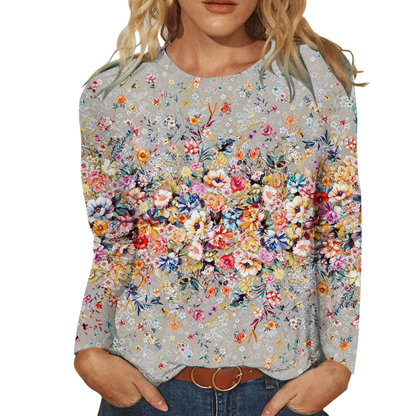 Women's Round Neck Long Sleeve Loose Print Blouses