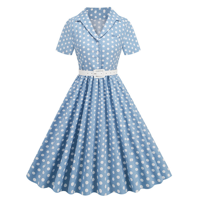 Women's Polka Dot Stitching Belt Sleeve Dress Dresses