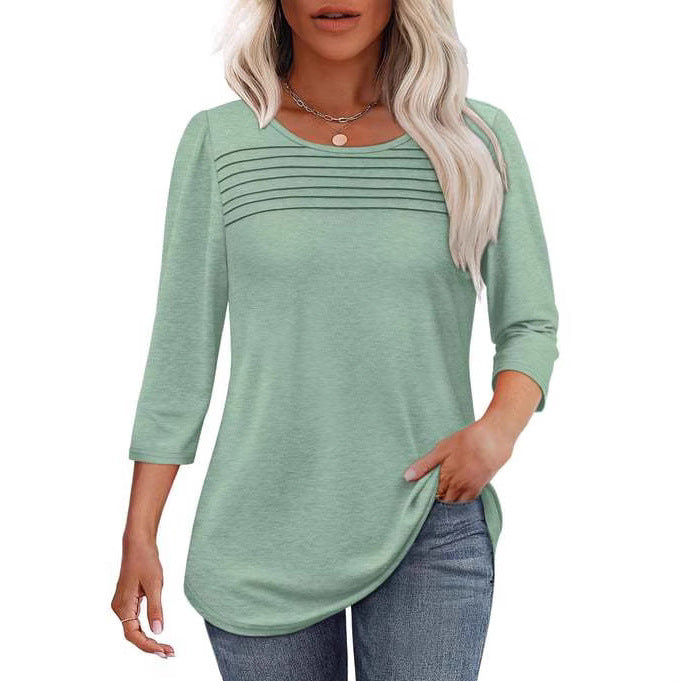 Women's Round Neck Sleeves Chest Tuck Line Blouses