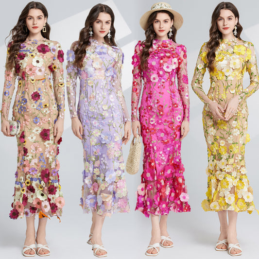 French Entry Lux Embroidered Three-dimensional Flower Long Dresses