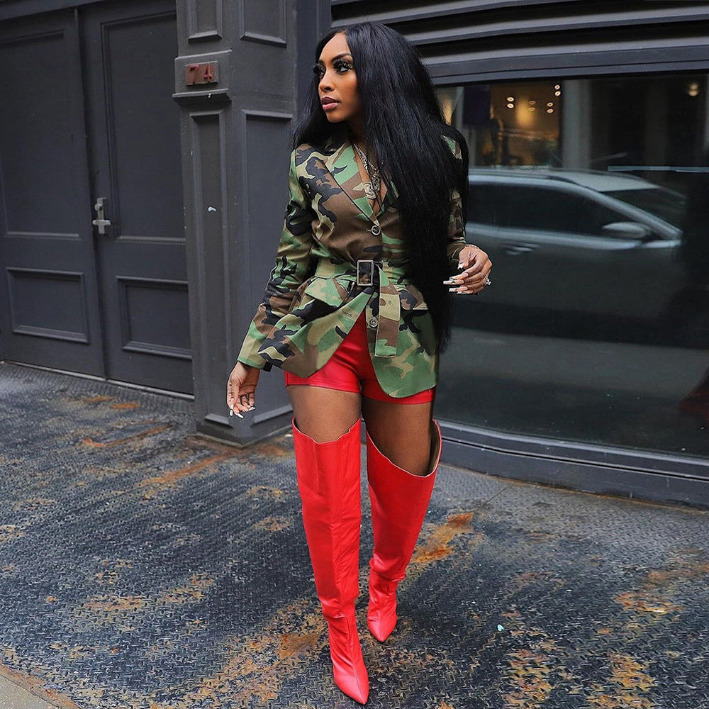 Women's Fashion Camouflage Belt Collar Three Button Coats