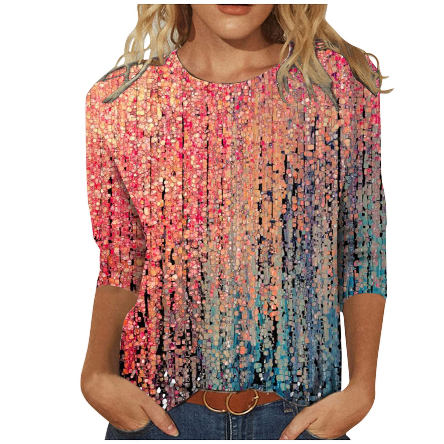 Women's Round Neck Long Sleeve Loose Print Blouses